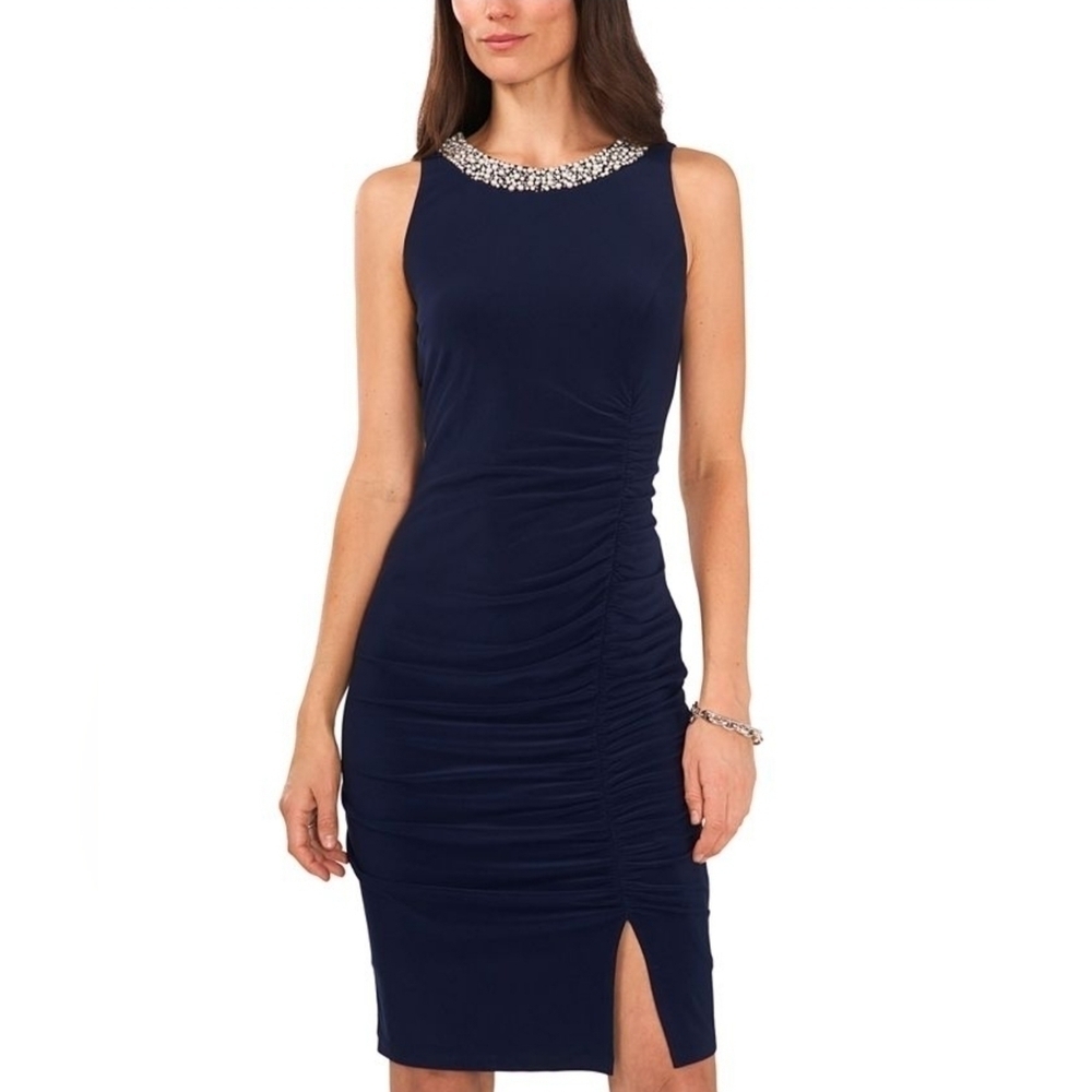 Women's Embellished-Neck Open-Back Ruched Dress - Picture 2 of 16